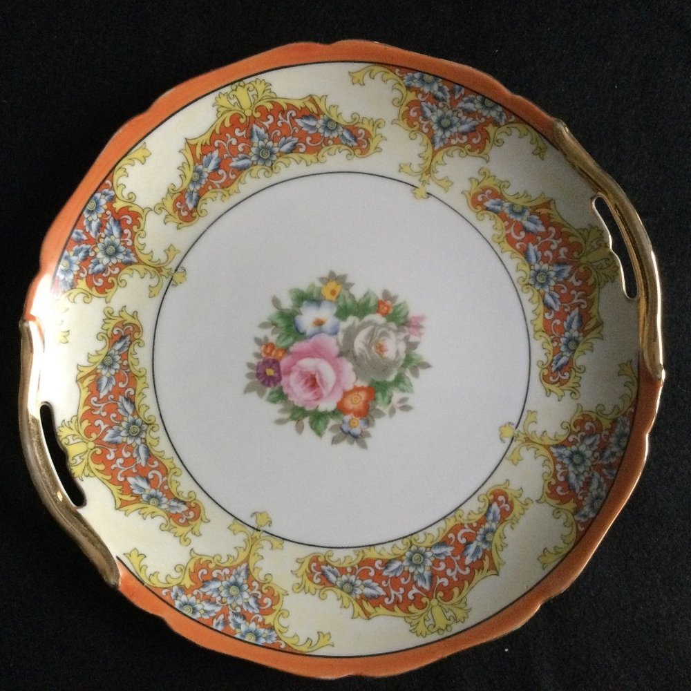 Vintage Noritake Red M hand painted handled plate floral gold guild 9 5/8"